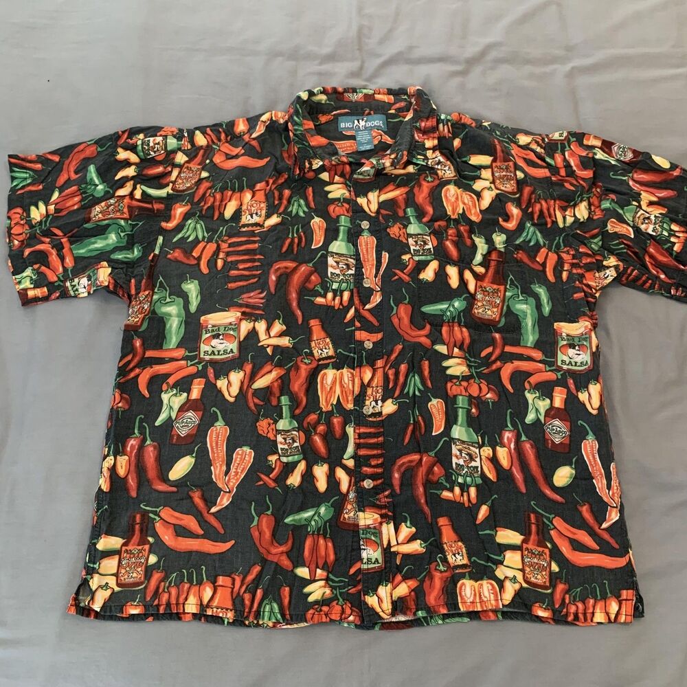 Big Dogs Shirt Mens 1X Black Spicy Hot Sauce Salsa Chili Peppers Print‎ Rayon